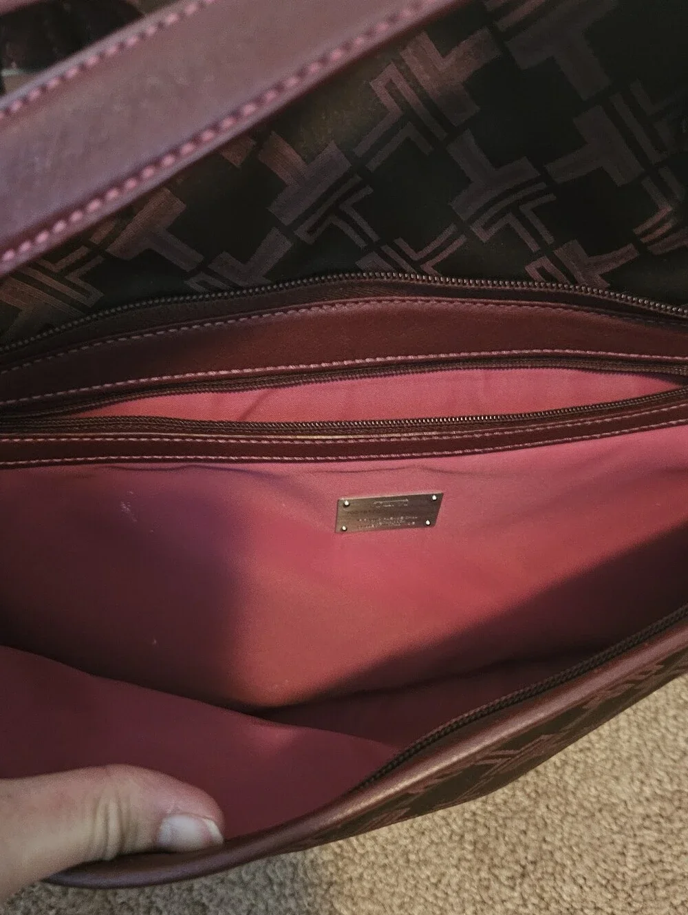 Tumi Signature Monogram laptop tablet tote bag maroon pink lining
